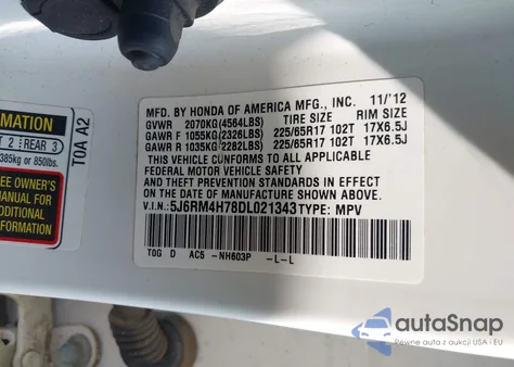 2013 Honda Cr-V Ex-L from USA, damaged, VIN 5J6RM4H78DL021343